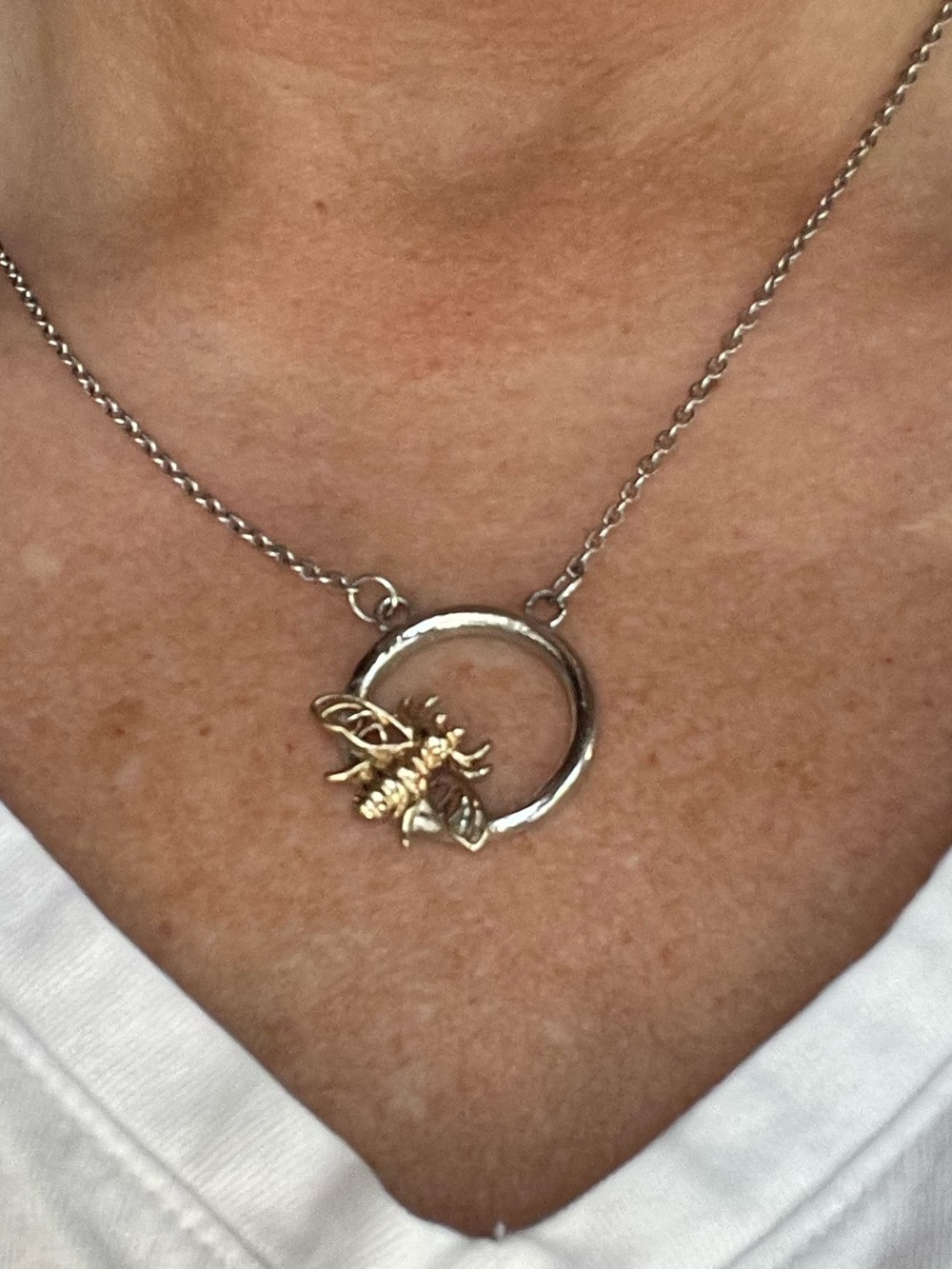 Two Tone Bee Charm Circle Pendant Necklace